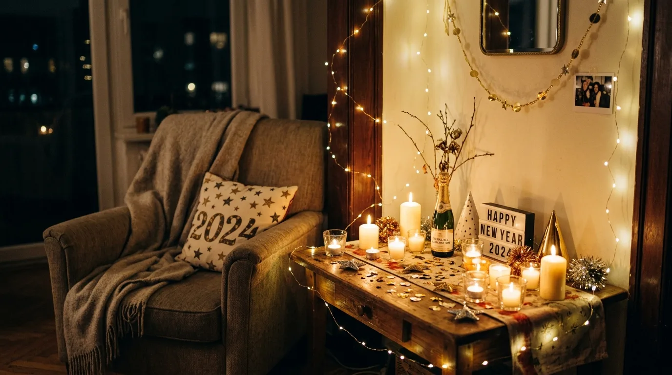 Cozy New Year's Eve corner with candlelight and fairy lights
